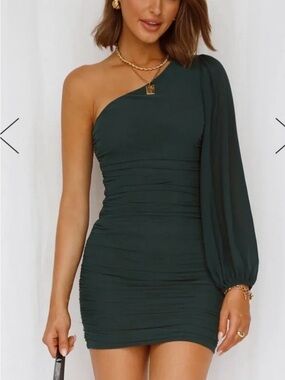 Hello Molly Party It Up Green One Shoulder Ruched Bodycon Dress Sz S Holiday